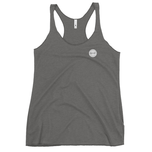 Women's Racerback Tank, Black/White/Blue/Red/Grey. S+F Reverse Grey Circle Logo.