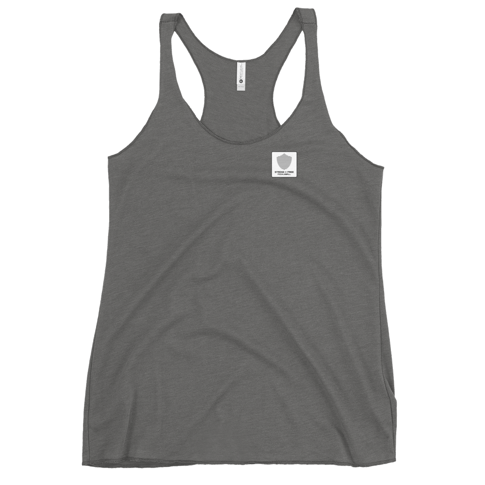 Women's Racerback Tank, various colors. S+F signature shield logo design, reverse white icon.
