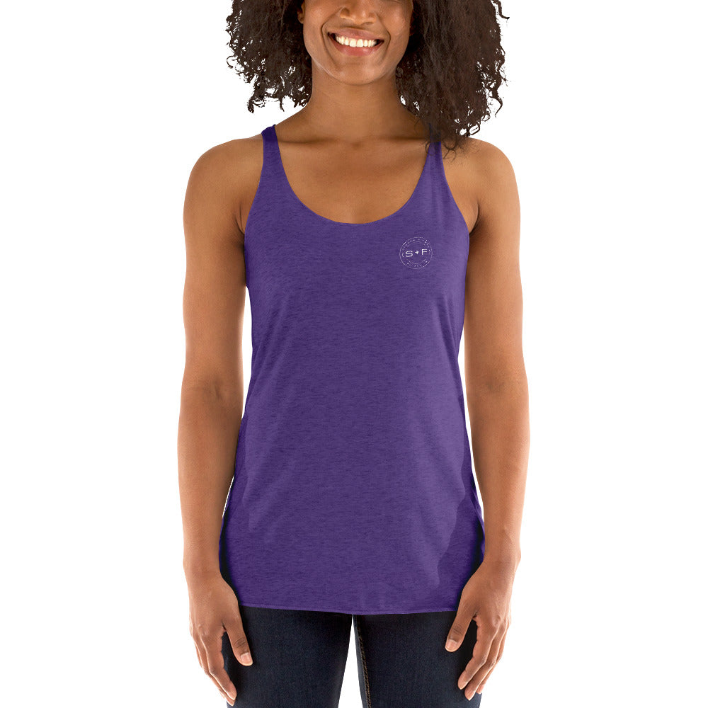 Women's Racerback Tank, Black/Purple/Blue. S+F White Circle Logo Design.