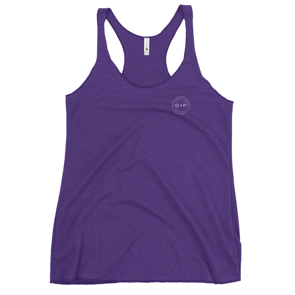 Women's Racerback Tank, Black/Purple/Blue. S+F White Circle Logo Design.