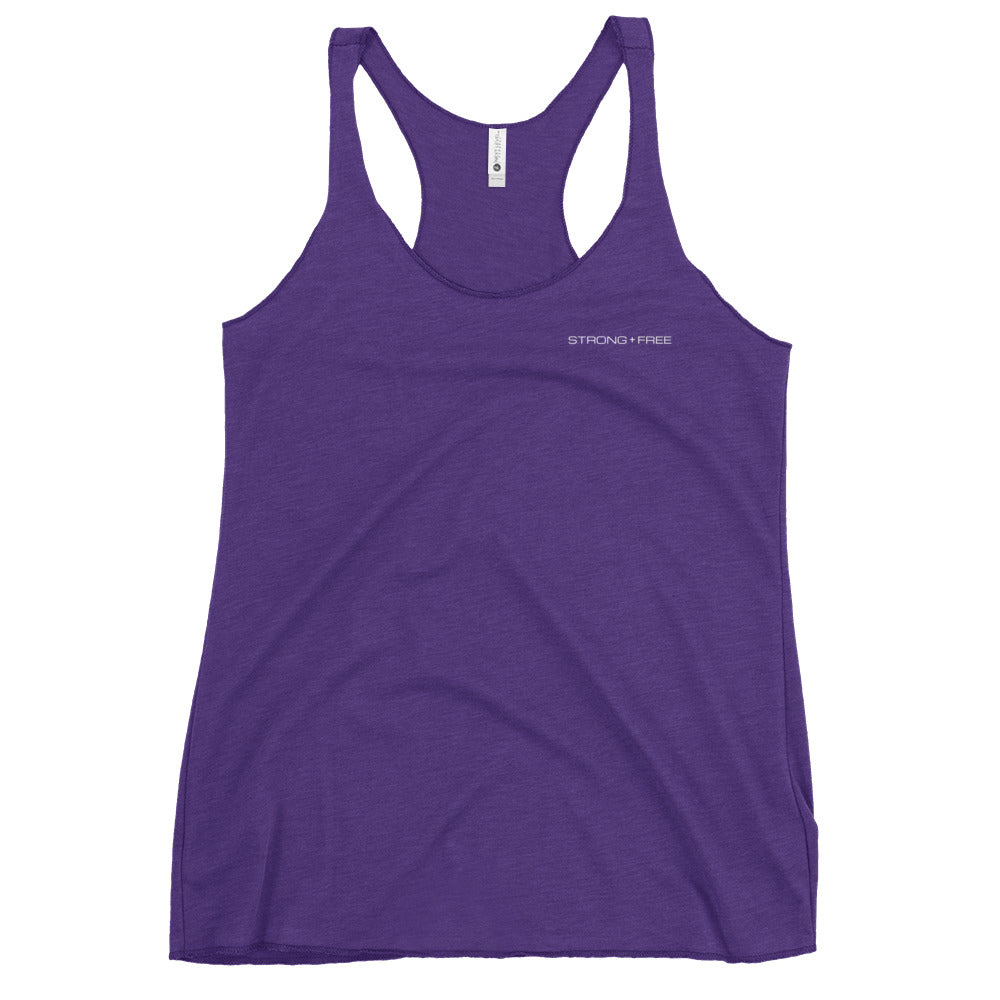 Women's Racerback Tank, Black/Red/Blue/Grey/Pink/Indigo/Purple. S+F White Font Logo Design.