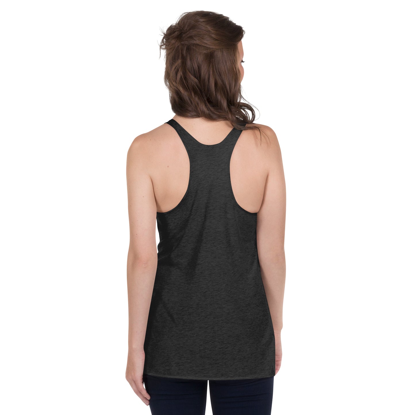 Women's Racerback Tank, black. S+F signature wordmark logo design I.