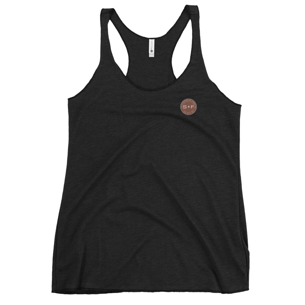 Women's Racerback Tank, White/Black/Grey. S+F Reverse Brown Circle Logo Design.