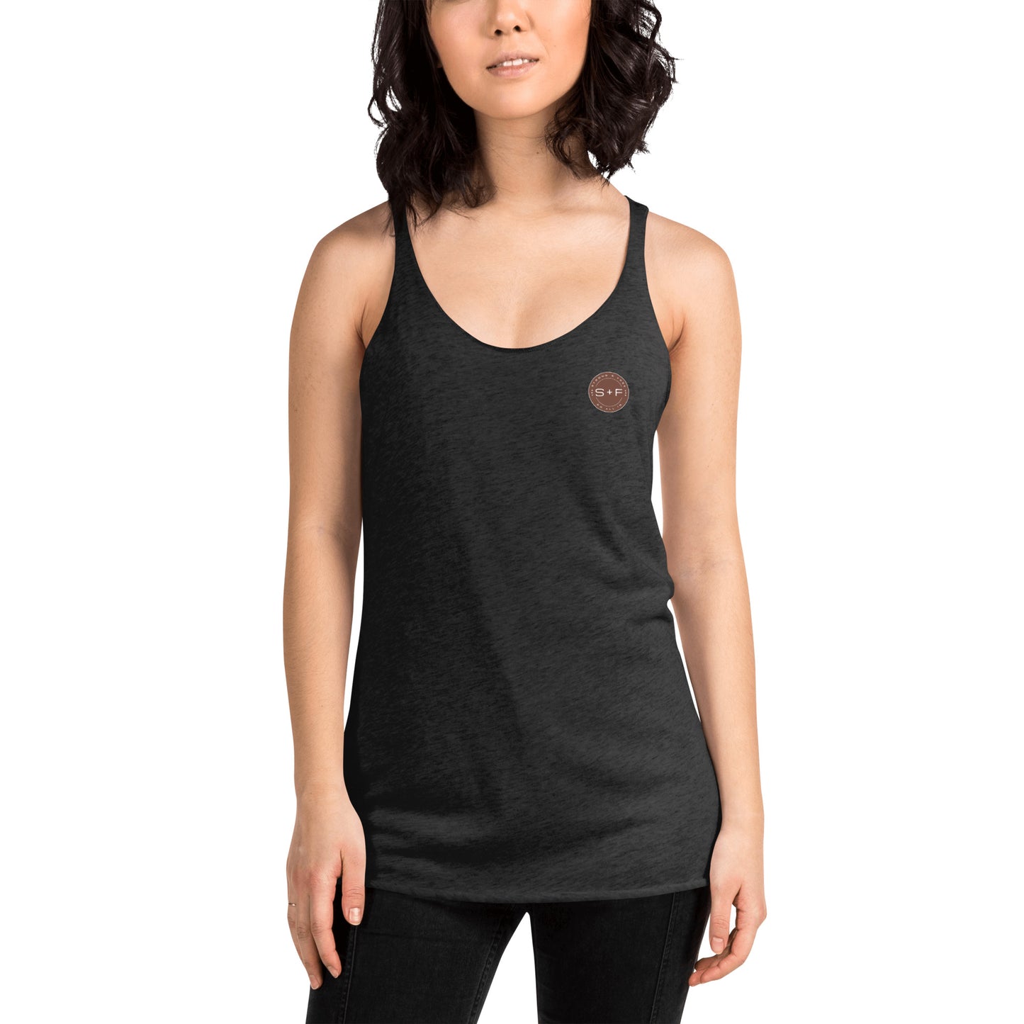 Women's Racerback Tank, White/Black/Grey. S+F Reverse Brown Circle Logo Design.