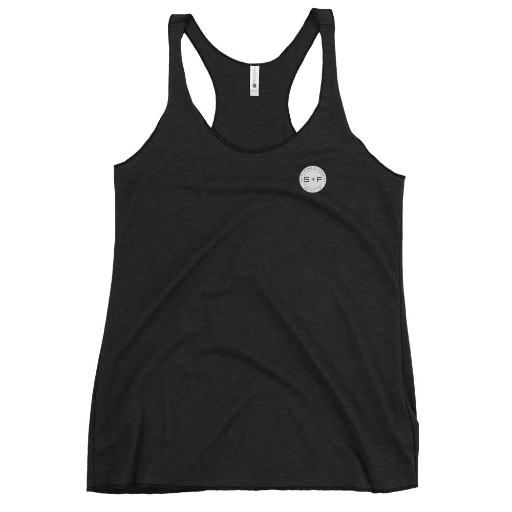 Women's Racerback Tank, Black/White/Blue/Red/Grey. S+F Reverse Grey Circle Logo.