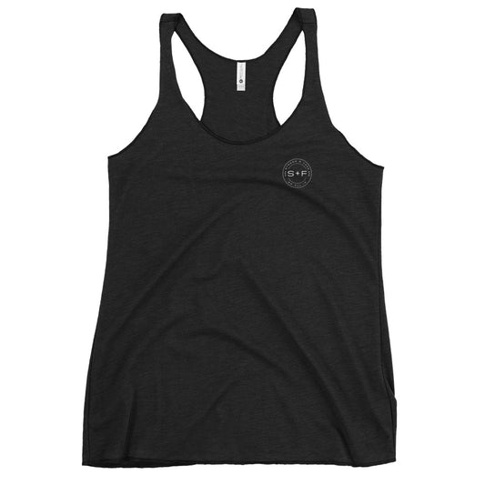 Women's Racerback Tank, Black/Purple/Blue. S+F White Circle Logo Design.