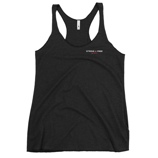 Women's Racerback Tank, black. S+F signature wordmark logo design I.