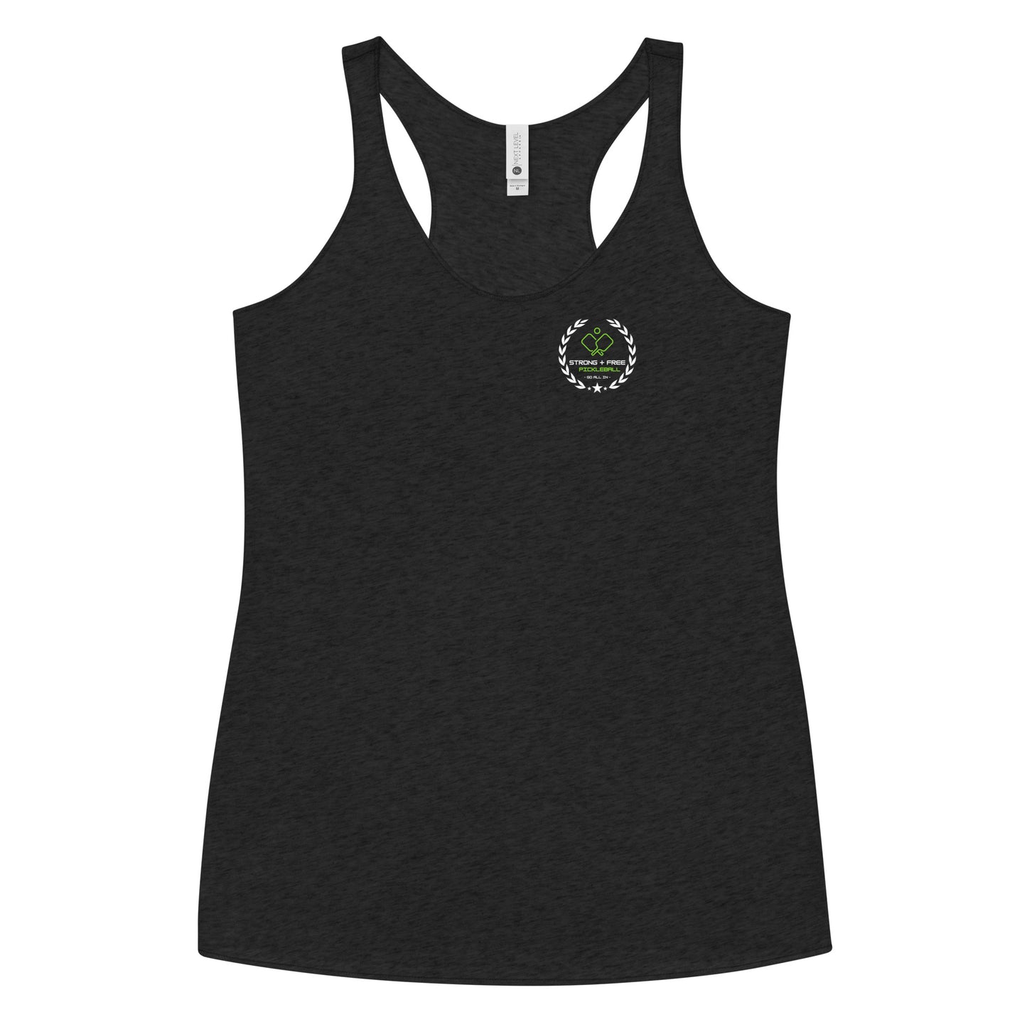 Women's Racerback Tank, multiple colors. S+F custom pickleball logo design, green crest.