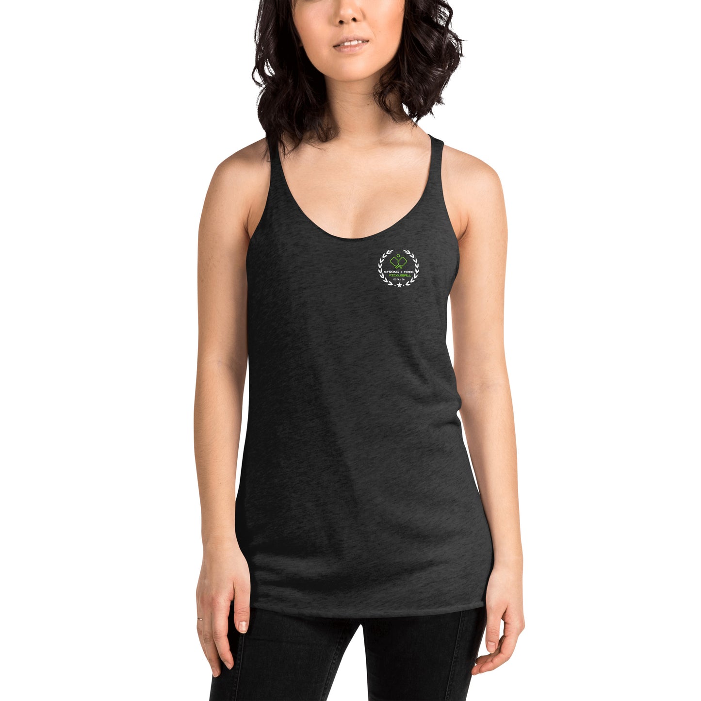 Women's Racerback Tank, multiple colors. S+F custom pickleball logo design, green crest.