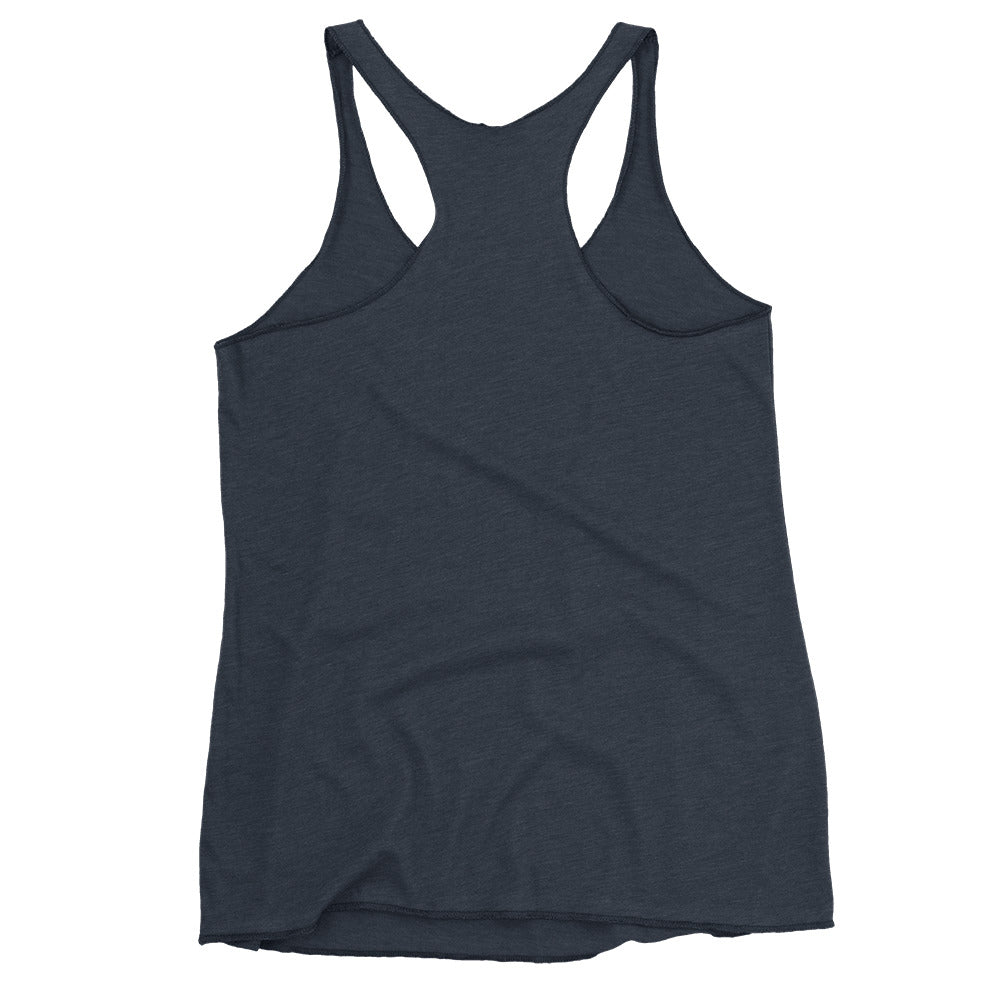 Women's Racerback Tank, White/Black/Grey. S+F Reverse Brown Circle Logo Design.