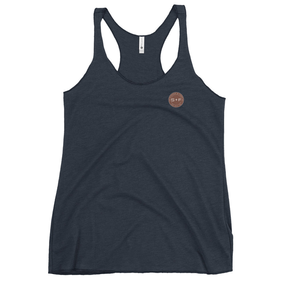 Women's Racerback Tank, White/Black/Grey. S+F Reverse Brown Circle Logo Design.