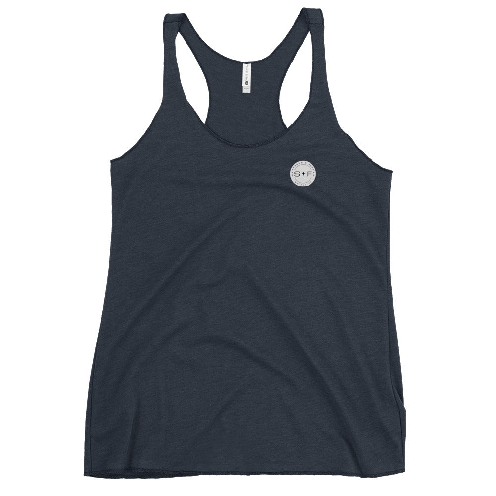Women's Racerback Tank, Black/White/Blue/Red/Grey. S+F Reverse Grey Circle Logo.
