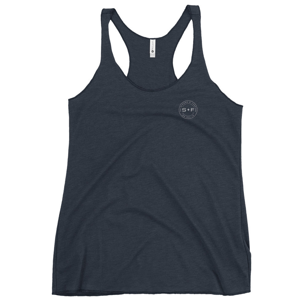 Women's Racerback Tank, Black/Purple/Blue. S+F White Circle Logo Design.