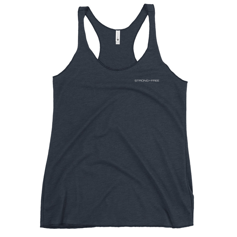 Women's Racerback Tank, Black/Red/Blue/Grey/Pink/Indigo/Purple. S+F White Font Logo Design.