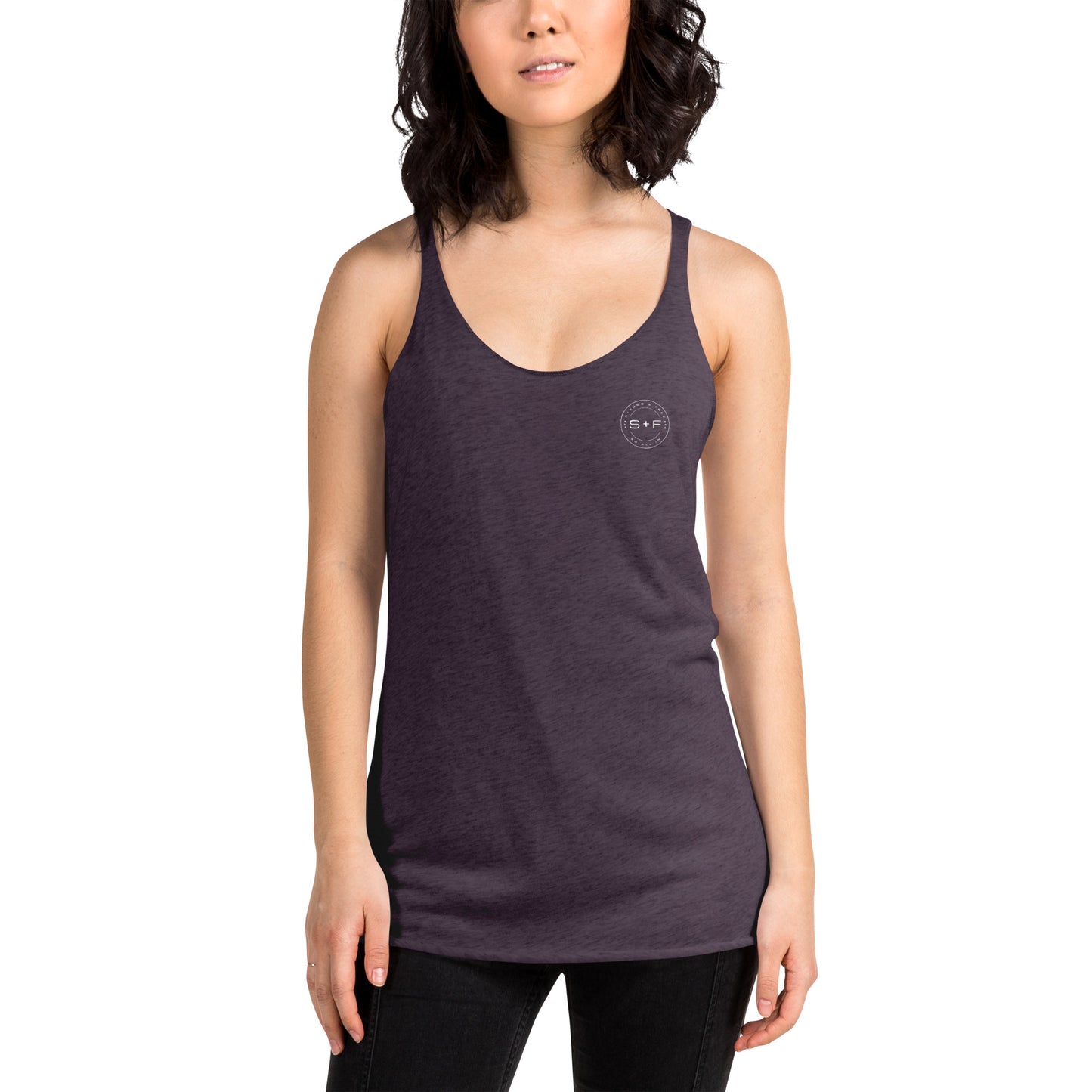 Women's Racerback Tank, Black/Purple/Blue. S+F White Circle Logo Design.