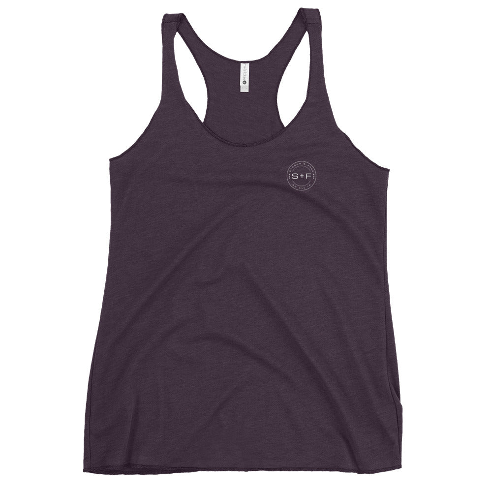 Women's Racerback Tank, Black/Purple/Blue. S+F White Circle Logo Design.