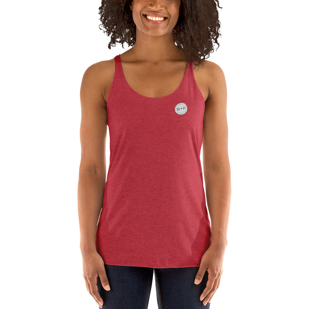 Women's Racerback Tank, Black/White/Blue/Red/Grey. S+F Reverse Grey Circle Logo.