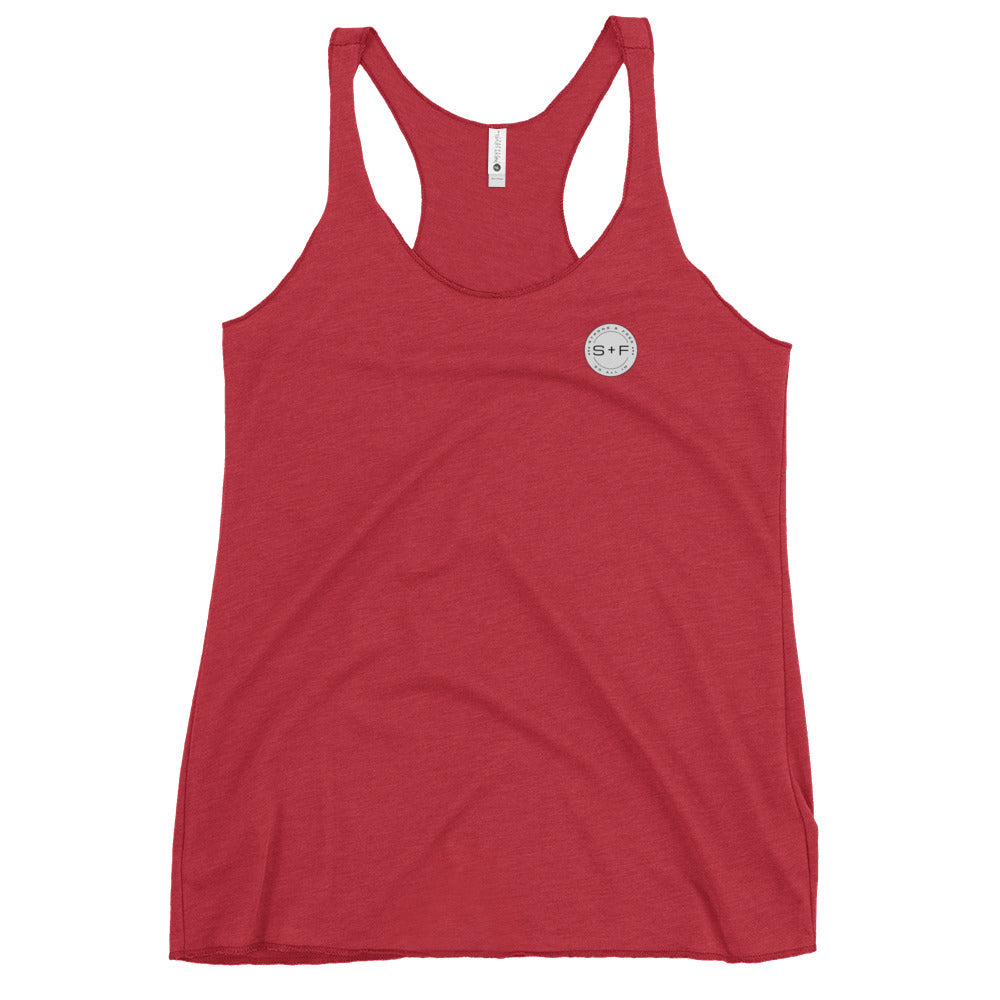 Women's Racerback Tank, Black/White/Blue/Red/Grey. S+F Reverse Grey Circle Logo.