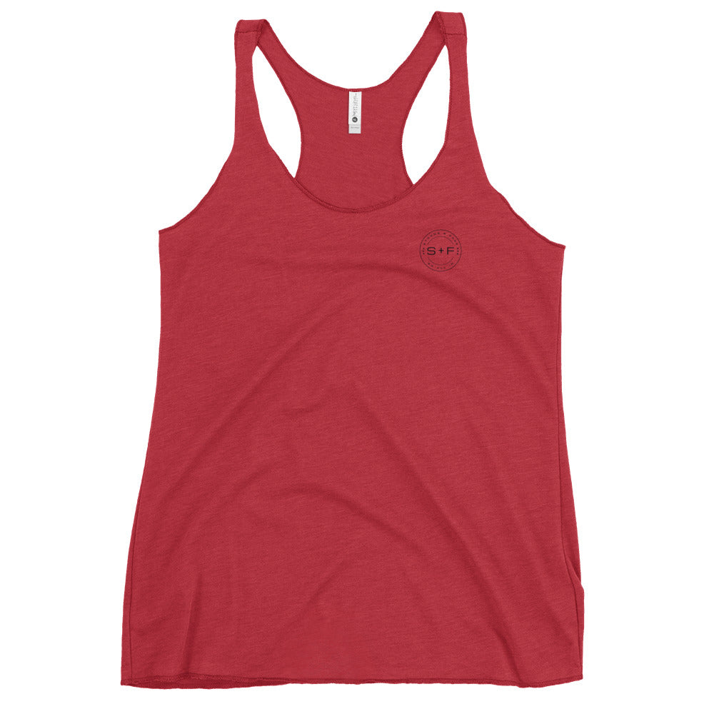 Women's Racerback Tank, White/Grey/Blue/Red. S+F Black Circle Logo Design.