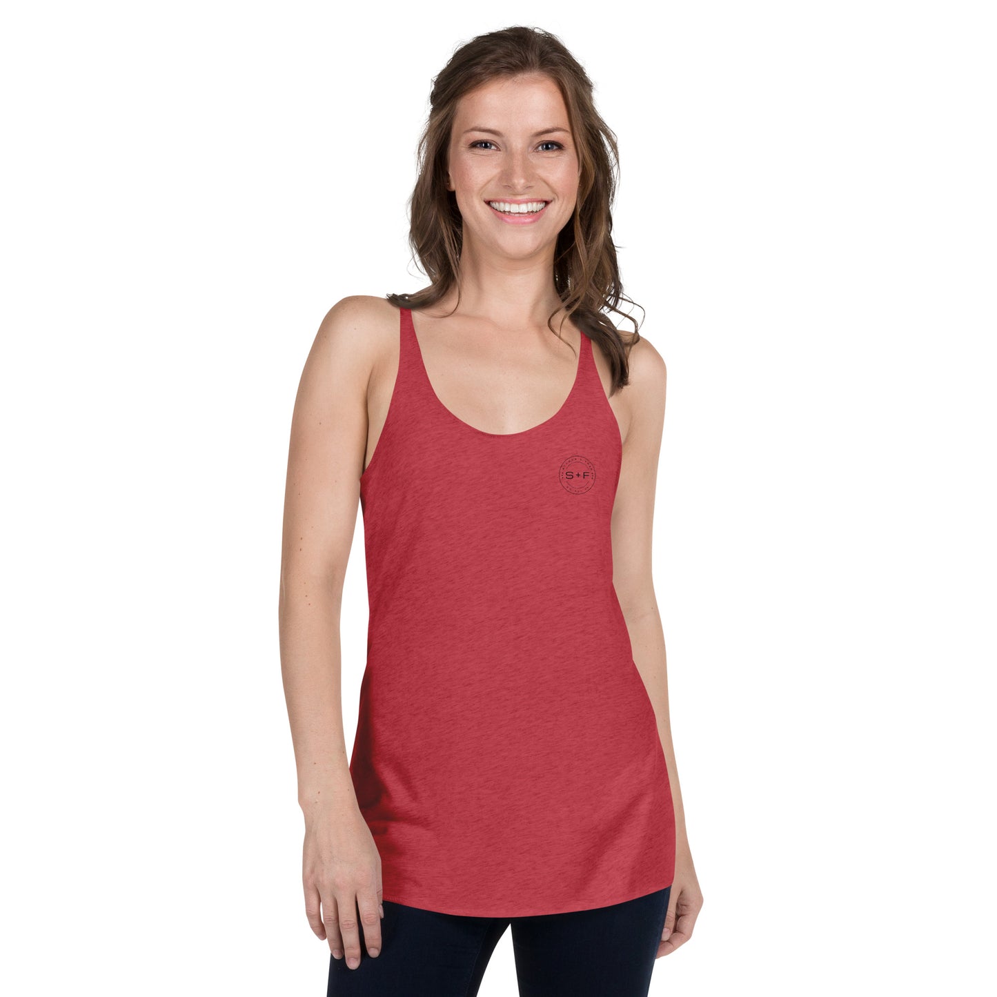 Women's Racerback Tank, White/Grey/Blue/Red. S+F Black Circle Logo Design.