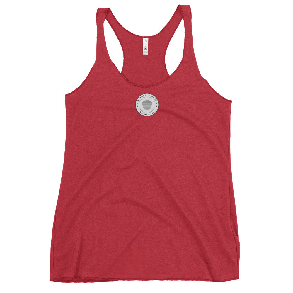 Women's Racerback Tank, various colors. S+F signature shield logo design, reverse grey crest.