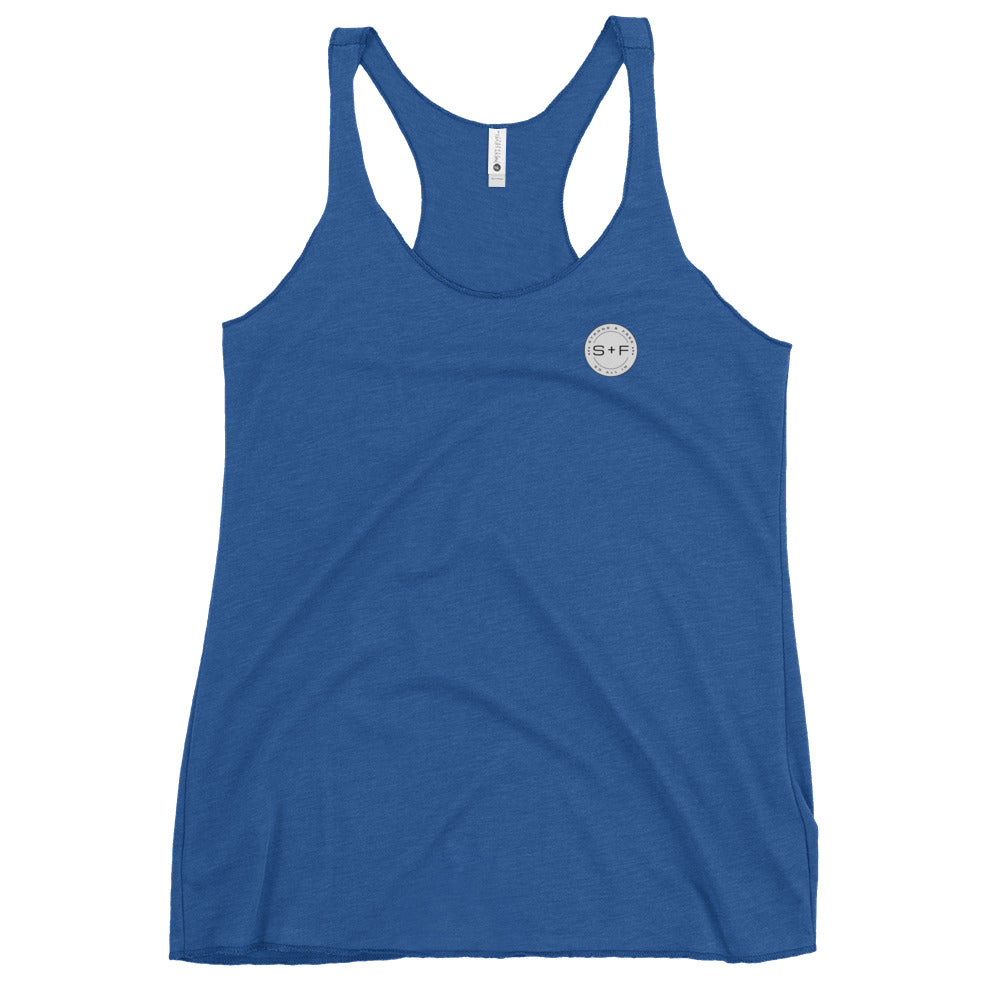 Women's Racerback Tank, Black/White/Blue/Red/Grey. S+F Reverse Grey Circle Logo.