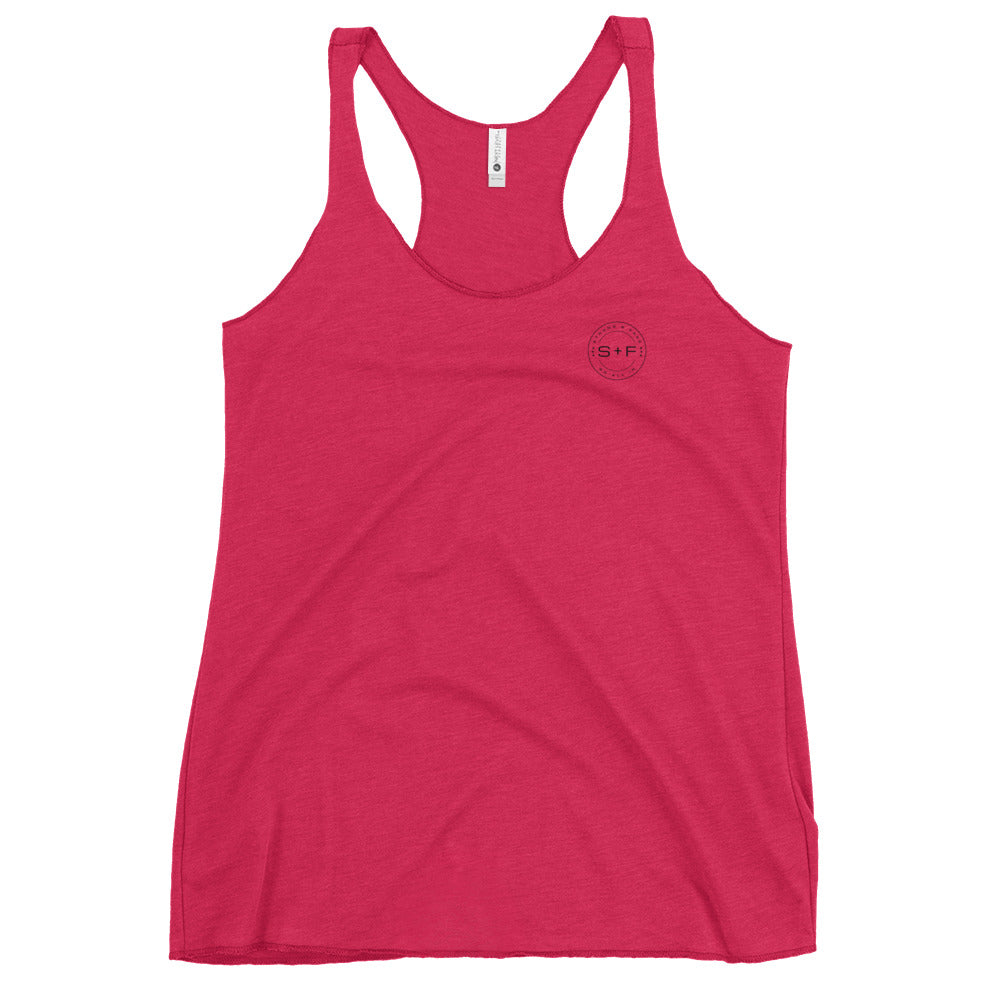 Women's Racerback Tank, White/Grey/Blue/Red. S+F Black Circle Logo Design.