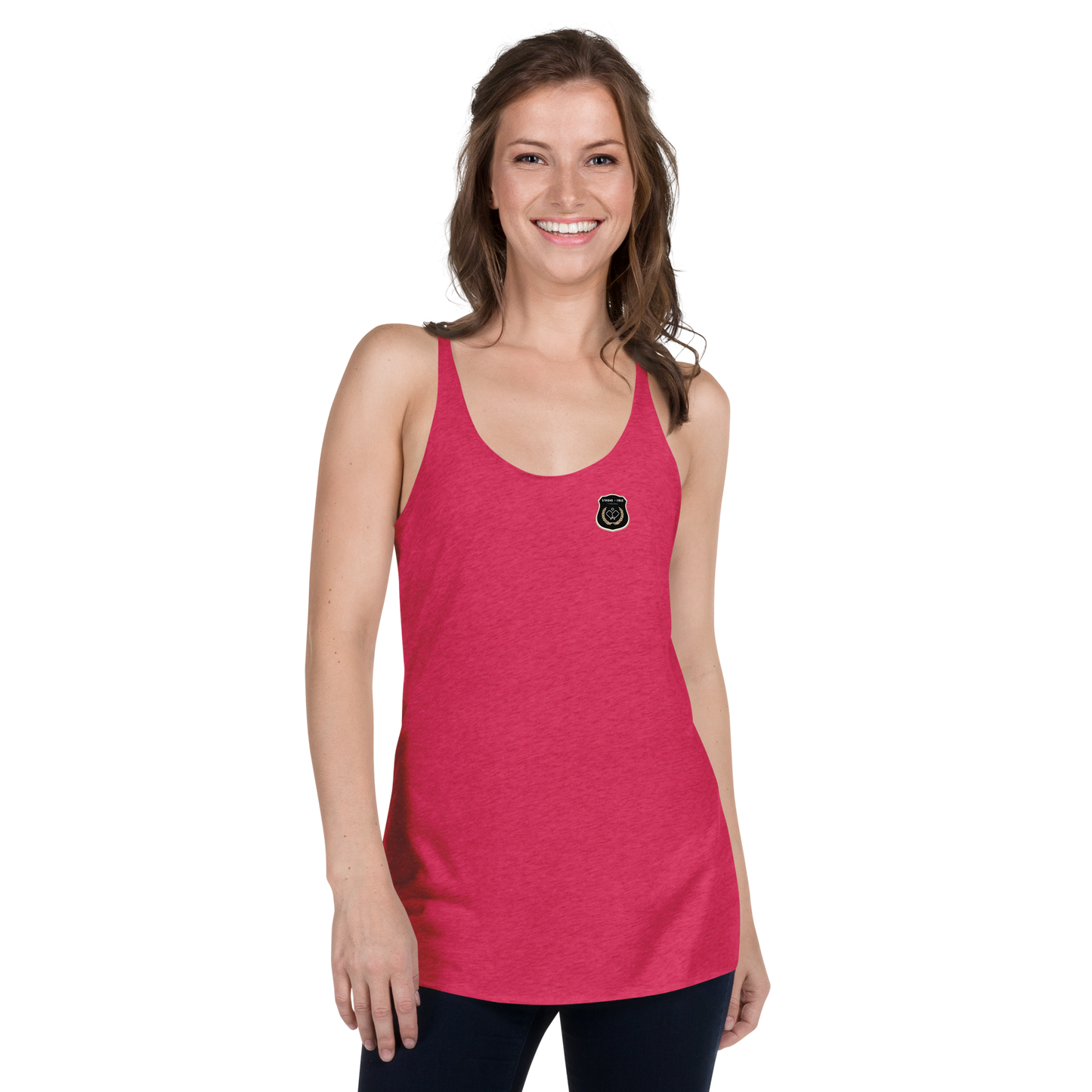 Women's Racerback Tank, various colors. S+F custom pickleball logo design, black icon.