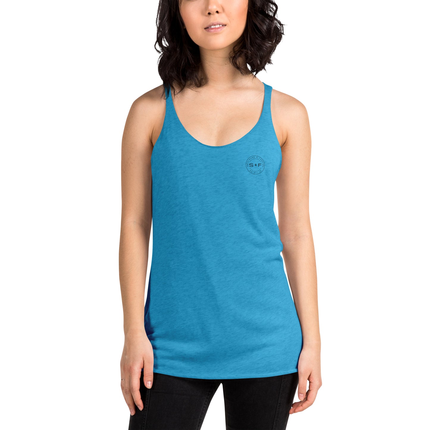 Women's Racerback Tank, White/Grey/Blue/Red. S+F Black Circle Logo Design.