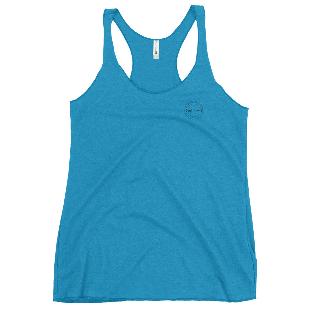Women's Racerback Tank, White/Grey/Blue/Red. S+F Black Circle Logo Design.