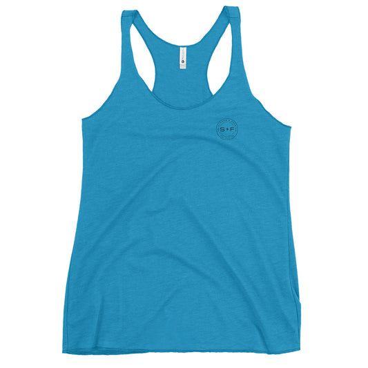 Women's Racerback Tank, White/Grey/Blue/Red. S+F Black Circle Logo Design.