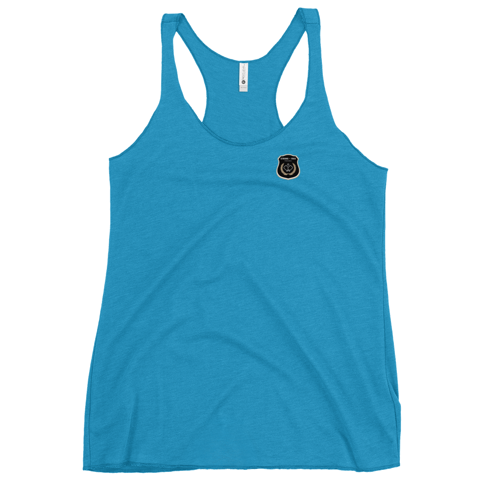 Women's Racerback Tank, various colors. S+F custom pickleball logo design, black icon.