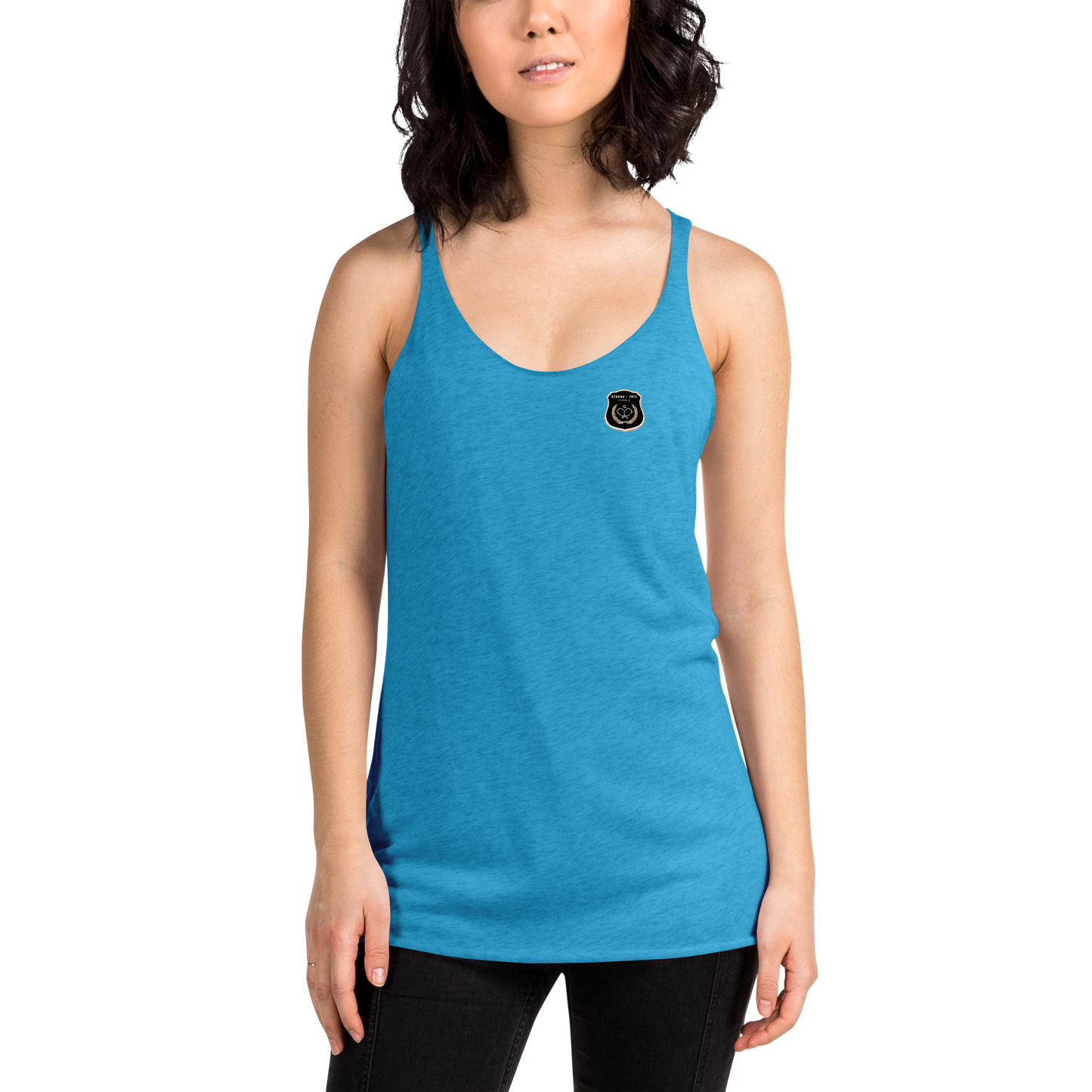 Women's Racerback Tank, various colors. S+F custom pickleball logo design, black icon.