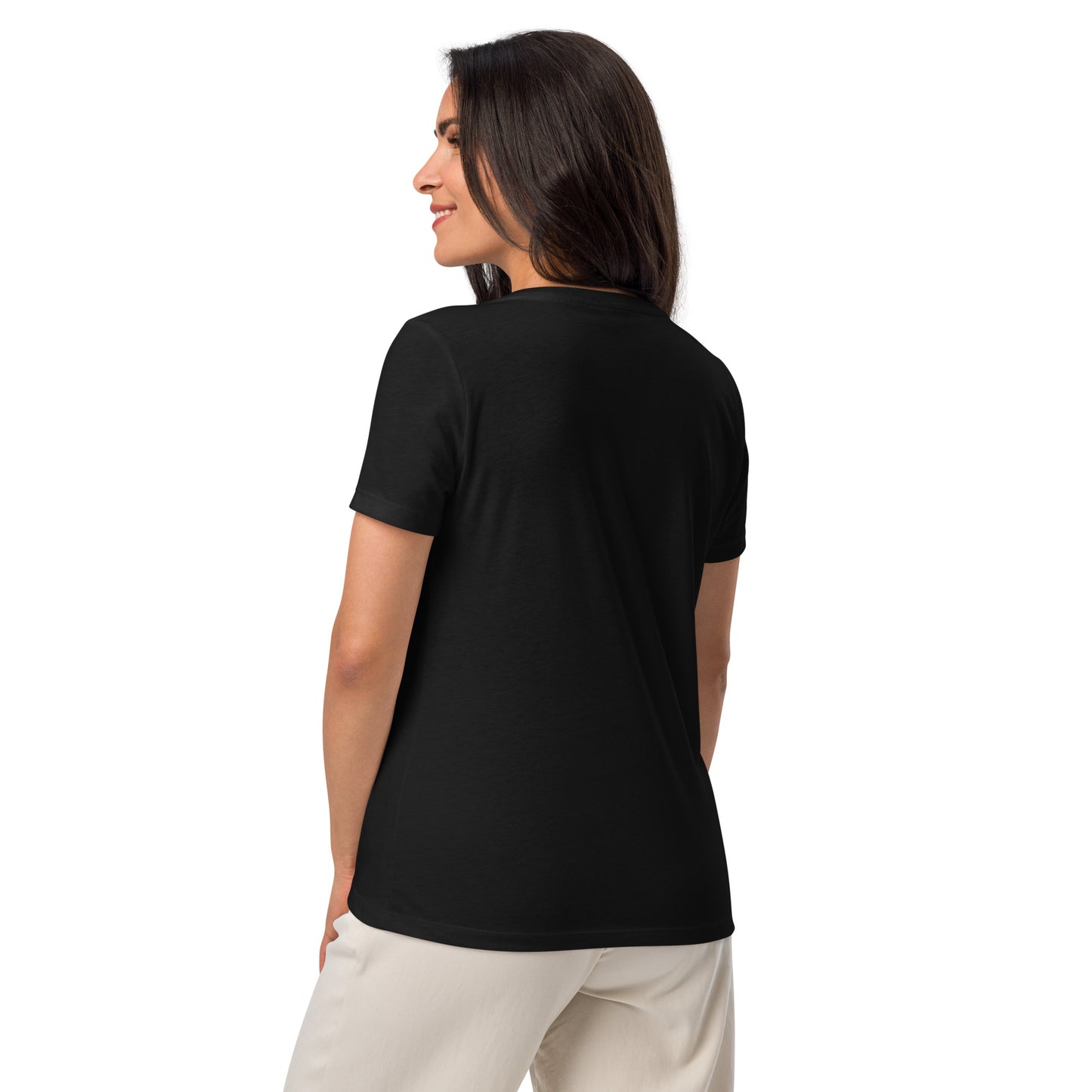 Women’s Relaxed Fit V-neck Tee, black. S+F signature shield logo design I.