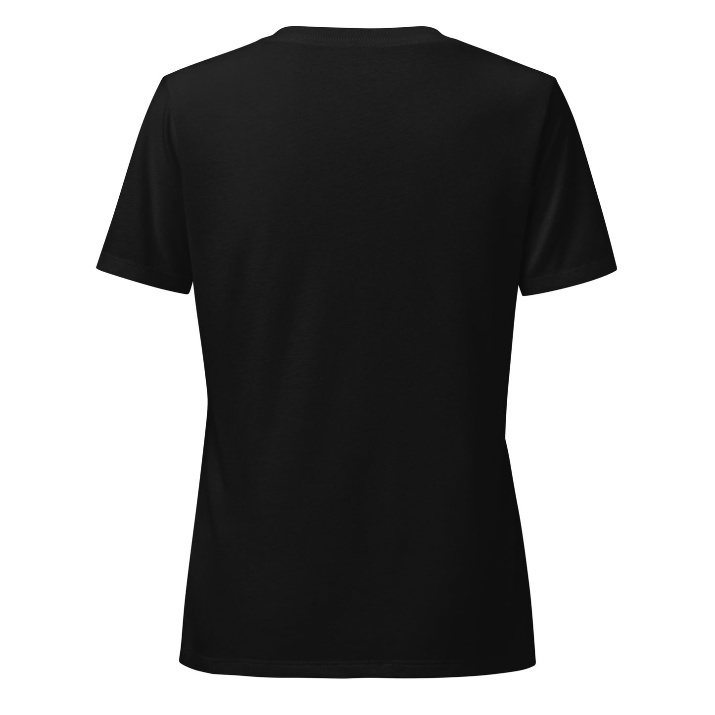 Women’s Relaxed Fit V-neck Tee, black. S+F signature shield logo design I.