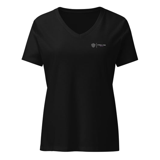 Women’s Relaxed Fit V-neck Tee, black. S+F signature shield logo design I.