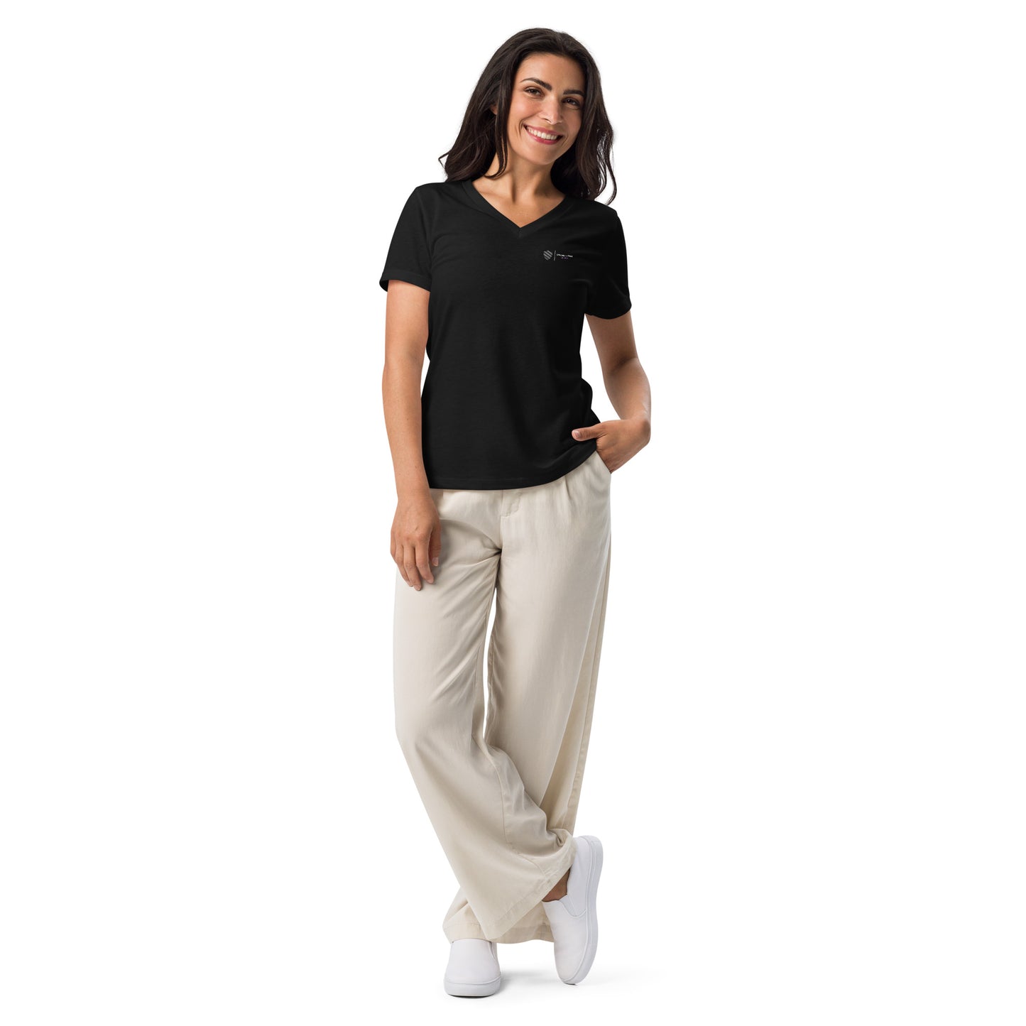 Women’s Relaxed Fit V-neck Tee, black. S+F signature shield logo design I.