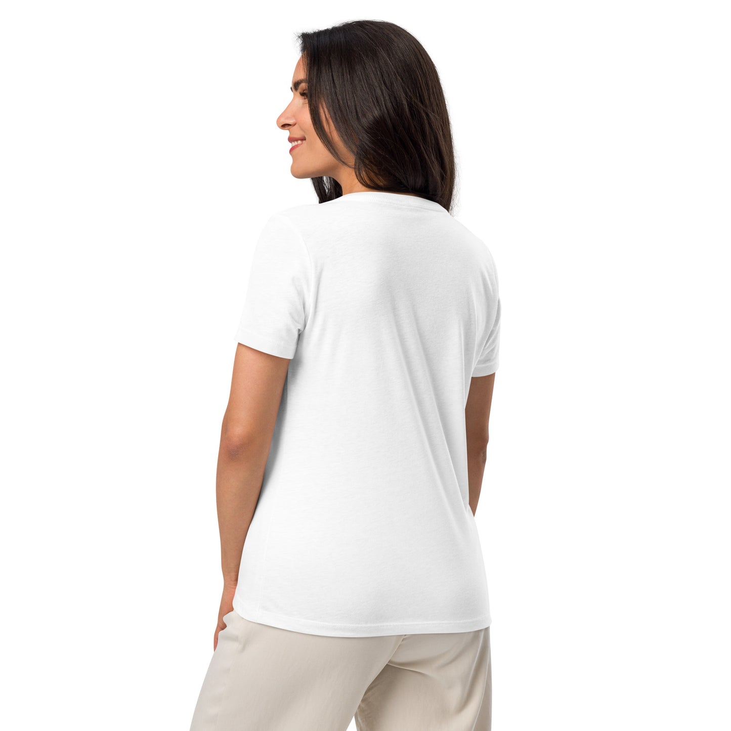 Women’s Relaxed Fit V-neck Tee, White. S+F signature wordmark logo design.