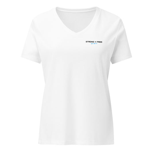 Women’s Relaxed Fit V-neck Tee, White. S+F signature wordmark logo design.