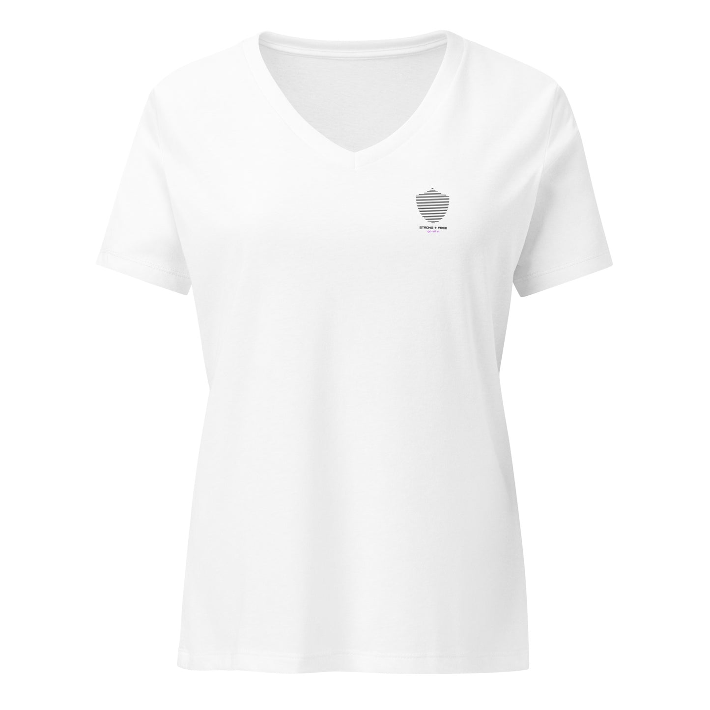 Women’s Relaxed Fit V-neck Tee, White. S+F signature shield logo design I.