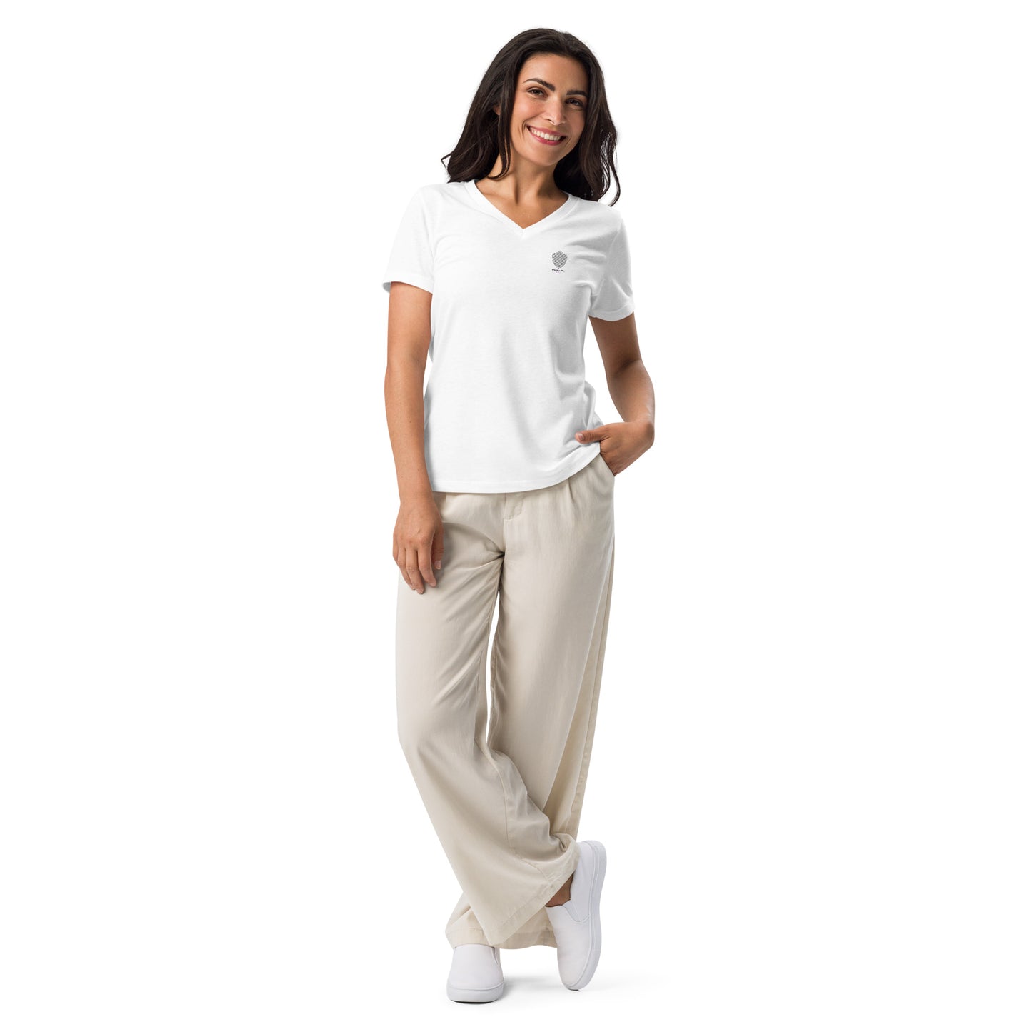 Women’s Relaxed Fit V-neck Tee, White. S+F signature shield logo design I.